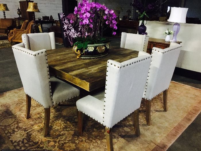 Square rustic stye contemporary dining set... notice the size, this set fits into small and large interiors