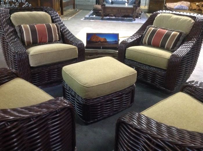 Woven swivel arm chairs with ottoman