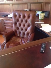 Button back leather office chair, rolled arms, nail head trim, made by Hickory. 