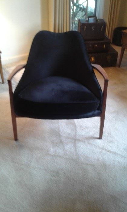 Front view of "Fabulous Mid -Century or early 1960's" black velvet upholstered chair in teak wood frame.