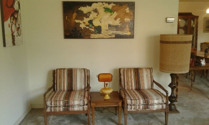 View of paired Mid-Century chairs with small Mid-Century cocktail table (this is one of a pair cocktail tables).