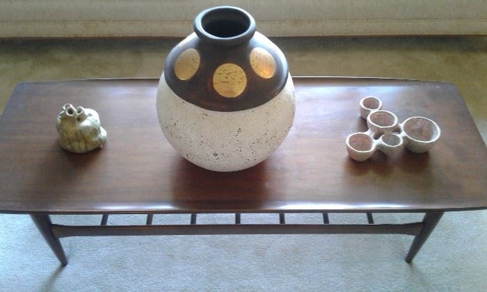 Close-up view of Mid-Century "Jaru California Pottery" staged in center of Mid-Century Coffee Table. Absolutely great artistic decor to compliment that era.