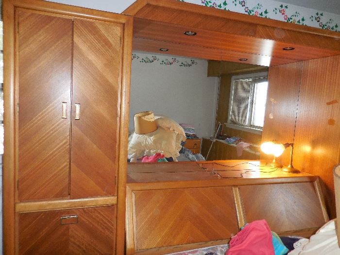 1970's Lenoir Bedroom cupboard and bookcase headboard with Mirrored lighting alcove 
