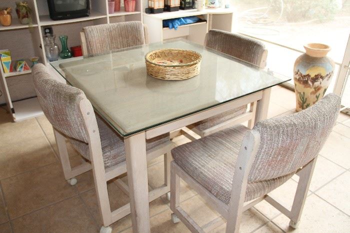 4 top wood table with glass top protector and four chairs
