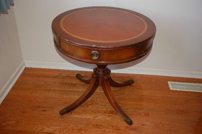 Vintage Round Leather Top End Table