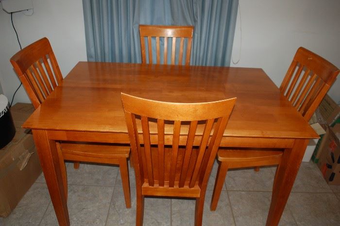 Wood Dining/Kitchen Table With Built in Leaf, Four Matching Chairs - Made in Thailand