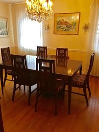 Mid Centry Dining Room table (two leaves) and 6 chairs with upholstered seats