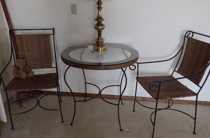 IRON PATIO SET 2-IRON CHAIRS AND ROUND GLASS TOP TABLE