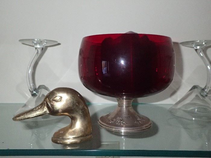 RED GLASS ON SILVER BASE / BRASS DUCK 