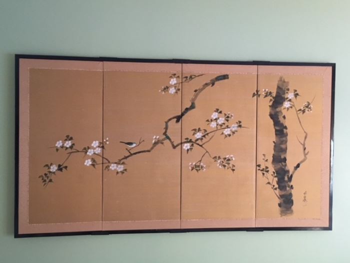 4-panel antique Japanese silk screen art