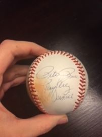 1983 Philadelphia Phillies signed baseball. Pete Rose, Terry Perez, Bob Dernier, Marty Bystrom, Pat Corrales, Von Hayes, Bo Diaz, Mike Schmidt, and one other illegible signature. This item will not be out at the sale. Please email questions or interest and I will contact you about it.
