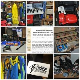 All Sports!  Lifetime Daylite Kayak, Scuba gear includes Harvey’s USIA O’Neill OS Systems Sea Quest Oceanic Dacor Scubapro, underliner for scuba wet suit Firstgear Thinsolate, Mares spear, ski rope, sleeping bags, sporting goods, tackle boxes, Tekna diver vehicle DV-3 new or newer in case, tents, Northpak outdoor Trek poles, boat sun shades for 1987 23’ Sea Ray, boating equipment, Coleman lantern, cooking stoves, diving gear snorkels masks tubes knives, fishing rods reels holders, Bungee experience...
