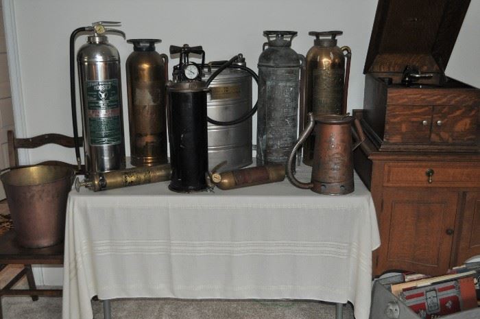 Fire extinguishers vintage including Elkhart Brass Mfg Co Phister General Quick Aid Parco Backpack