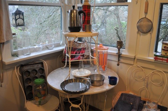 Ice cream set of 4 chairs and table antique, Farberware electric coffee pot, vintage plaid Thermos, baking supplies