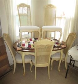 French Country Style Table w/ 6 cane back chairs and one 18" leaf