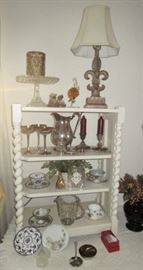 Painted shelf, Silver plate items, collectible glass, lamp, cups & saucers