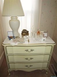 French Provincial Chest of drawers (part of 4 piece set), perfume bottles, jewelry casket, compact, lamp, etc.
