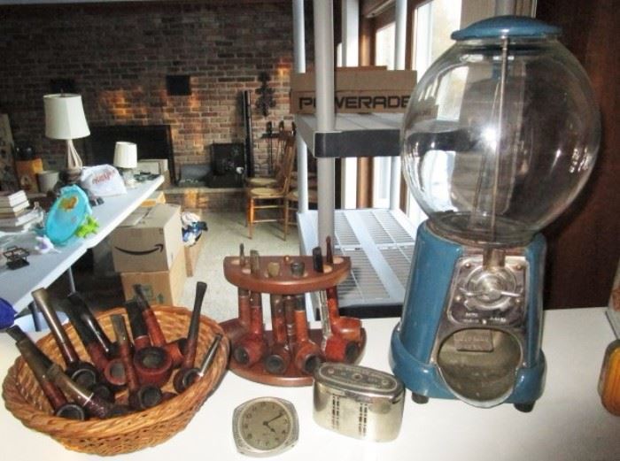 Vintage peanut machine, Vintage pipe collection, pipe stand, Advertising metal bank