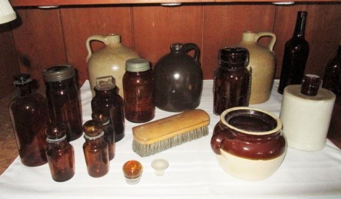 Amber glass bottle collection, some w/ advertising, Salt glaze and Albany slip stoneware