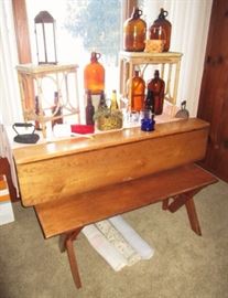 Antique/vintage drop leaf table w/ 2 benches, Amber glass bottle collectibles, sad irons
