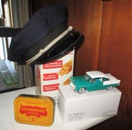 Navy hat, vintage tin, newer car collectible