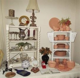 Newer Fiesta dinnerware, vintage wicker & painted shelf, silver plate items, collectible glass, lamp