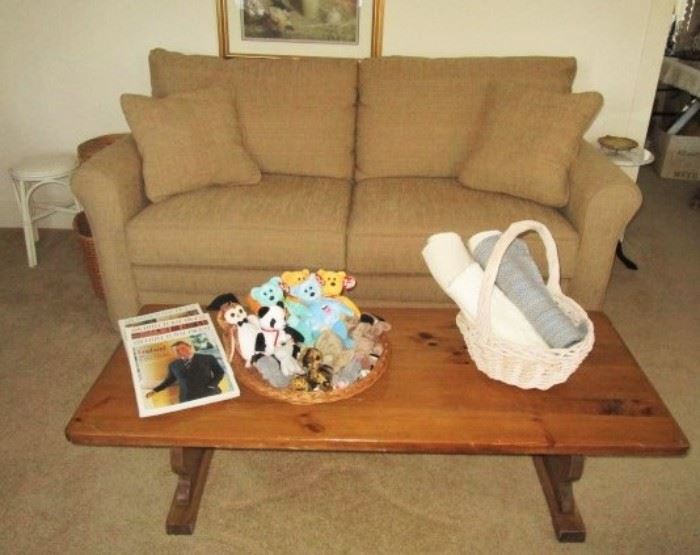 Sleeper sofa, coffee table, Ty collectibles