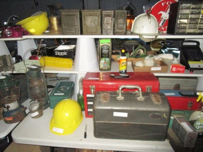 Garage items, ammo boxes, several tool boxes, lanterns, etc.
