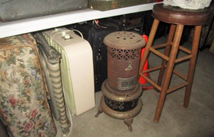 Kerosene heater, bar stools, floor fan, suit cases, misc.