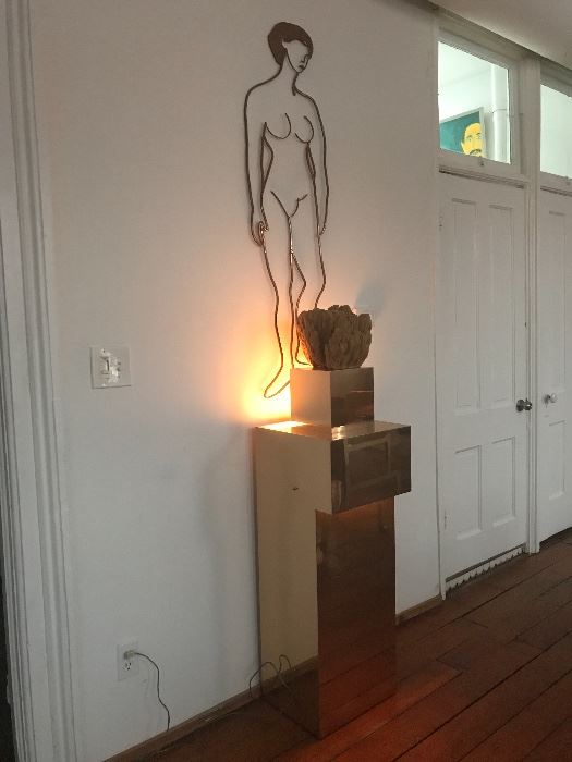 PAUL EVANS style light up table and vintage matisse style brass woman hanging sculpture 