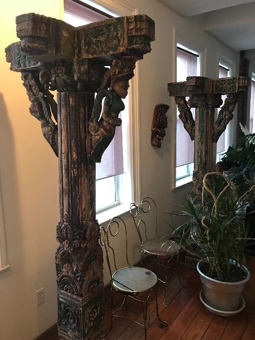 VERY old antique/museum quality (almost 200 years old) ceremonial pillars-- original paint, hand carved, brass hollywood regency side chairs