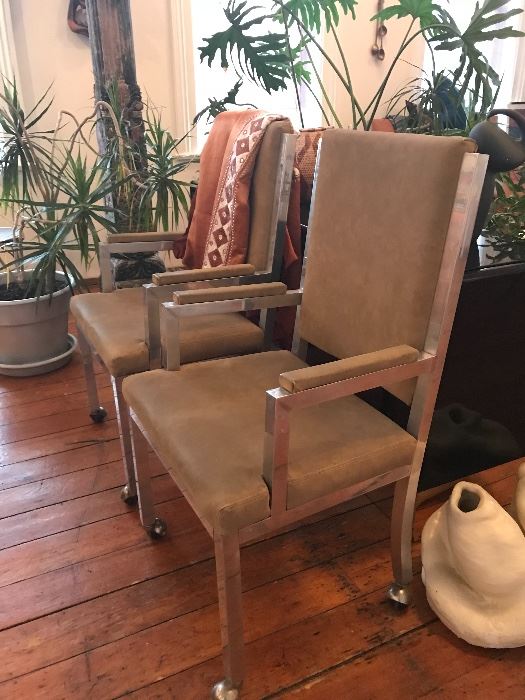Milo baughman chrome lounge chairs with very cool leather seats, antique indian ceremonial wedding blanket, mastercraft/karl springer credenza 