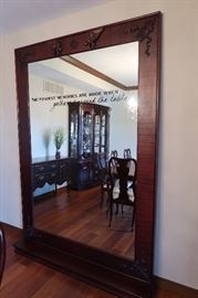 Late 1800s Large Pierced Tiger Mahogany Wood Floor Mirror  - wording added on mirror and can easily be removed 