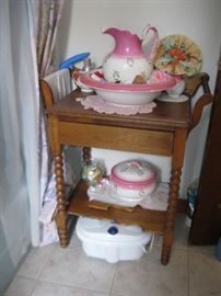 Antique Wash Stand and Basin, Pitcher and Chamber Pot