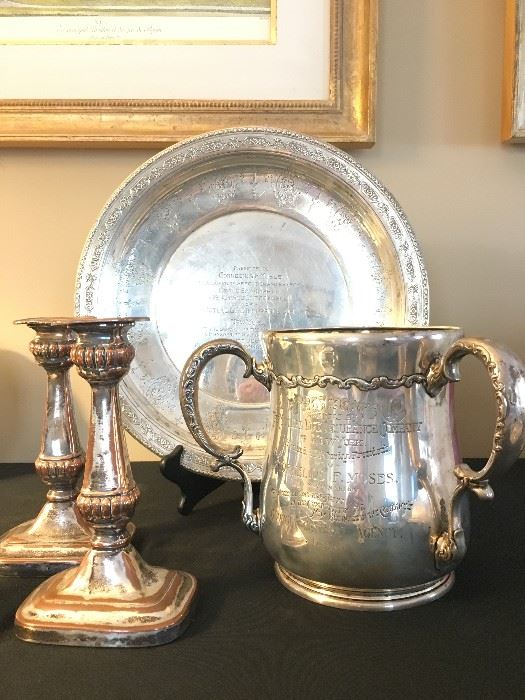 Three Handled Sterling President's Cup, Sterling Silver Candle Holders, Sterling Presentation Platter