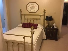 Full size Brass bed with second Pennsylvania House bedside table, lamp, accessories and numbered floral print