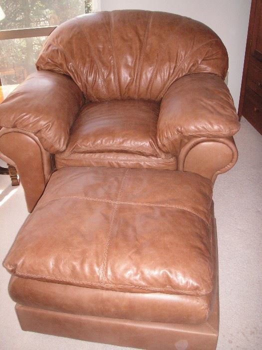 Leather overstuffed chair & ottoman