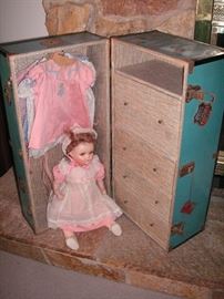 Doll trunk, doll, clothes