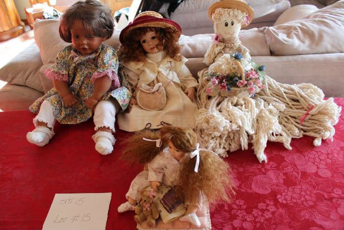 Lot #15 Collectable Dolls - These are adorable!
Lg Porcelain Doll with short hair 1ft 8 in
Lg Porcelain Doll with long hair 1 ft 5 inches
Lg Rag Mop Doll 1ft 10 inches
Sm Porcelain Doll w/long hair & stand 12 inches
