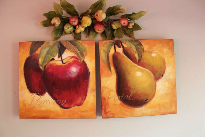 Lot #17 Two Fruit canvas prints with Plastic fruit garland 
Luscious Pears canvas print by Marco Fabiano 20x20
Luscious Apples canvas print by Marco Fabiano 20x20
Plastic Fruit Garland decoration
