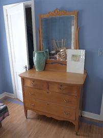antique maple curved front dresser and mirror, needs small repair