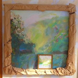 large oil landscape with highly unique wrapped floated frame and preparatory study