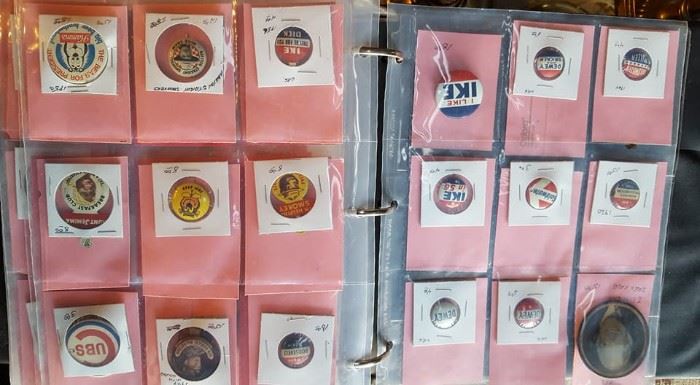 binder full of pinback buttons, political, sports, advertising, etc.