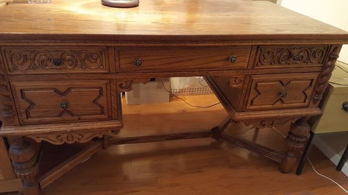 antique carved executive desk, carved sides and back