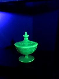 Yellow Uranium Glass Candy Dish - Under black light