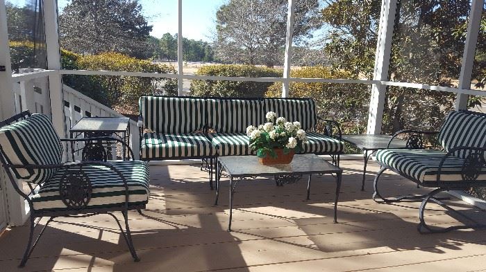 Woodard Rose & Trellis Outdoor Wrought Iron Furniture with Freshly Covered Cushions. 