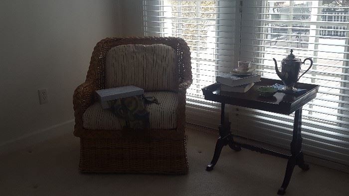 Reading Nook Wicker Chair & Mahogany side table. Rogers silver plate coffee pot