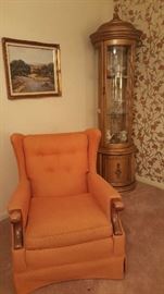 Vintage chair. Richard Moody framed print. Vintage Ornate Curio cabinet
