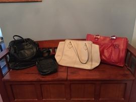 Handbags - New UTC Leather Backpack, Small Leather shoulder bag, Beige Leather Vince Camuto purse, Red Leather Piquadro purse.
