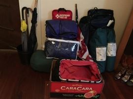 Umbrella, Cane, Camping Gear (Backpacks, Sleeping Bags, REI Tents.)